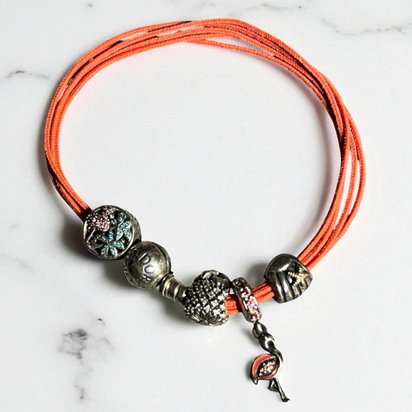 Pandora String Bracelet Orange retired Palm Tree Flamingo Pineapple Silver - Picture 1 of 7